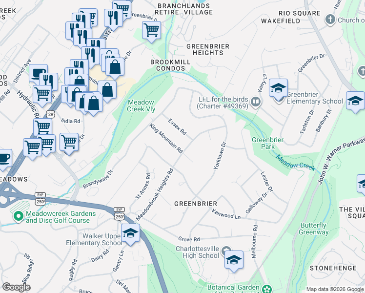 map of restaurants, bars, coffee shops, grocery stores, and more near 1702 Essex Rd in Charlottesville