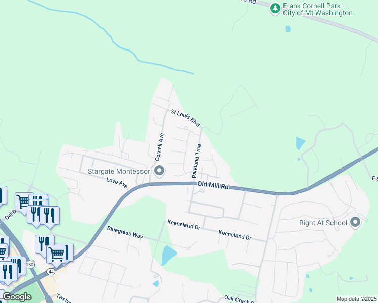 map of restaurants, bars, coffee shops, grocery stores, and more near 226 Trinity Drive in Mount Washington