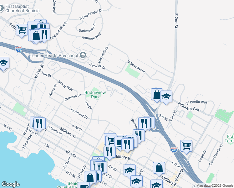map of restaurants, bars, coffee shops, grocery stores, and more near 1843 Shirley Drive in Benicia