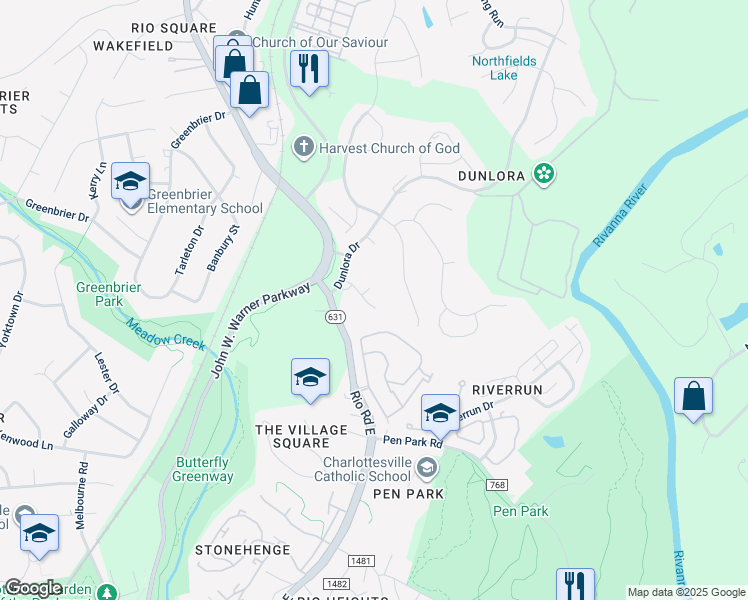 map of restaurants, bars, coffee shops, grocery stores, and more near 4051 Varick Street in Charlottesville