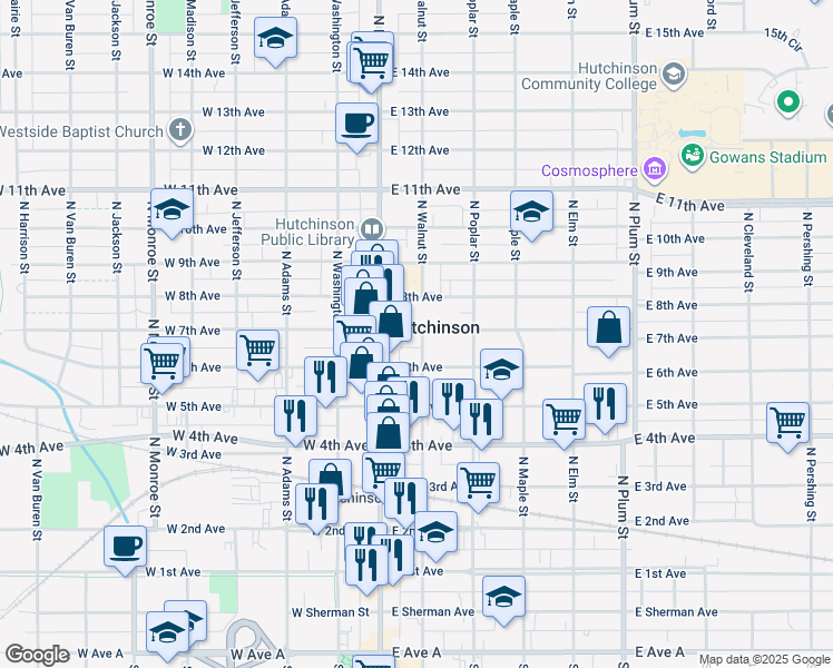 map of restaurants, bars, coffee shops, grocery stores, and more near 31 East 7th Avenue in Hutchinson