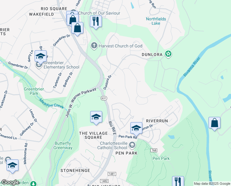 map of restaurants, bars, coffee shops, grocery stores, and more near 4051 Varick Street in Charlottesville