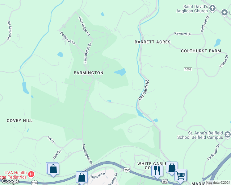 map of restaurants, bars, coffee shops, grocery stores, and more near 1775 Lake Road in Charlottesville