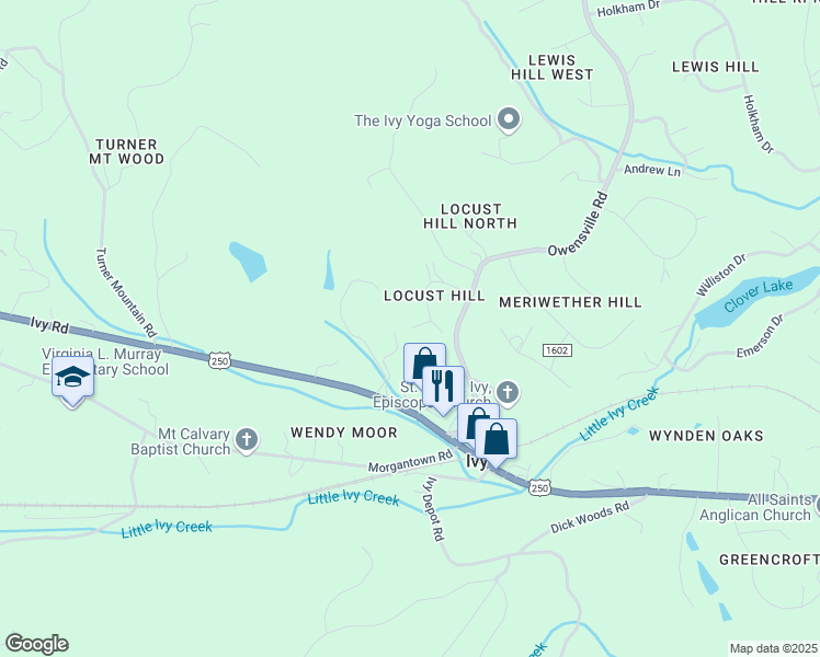 map of restaurants, bars, coffee shops, grocery stores, and more near 2890 Meadow Vista Drive in Charlottesville