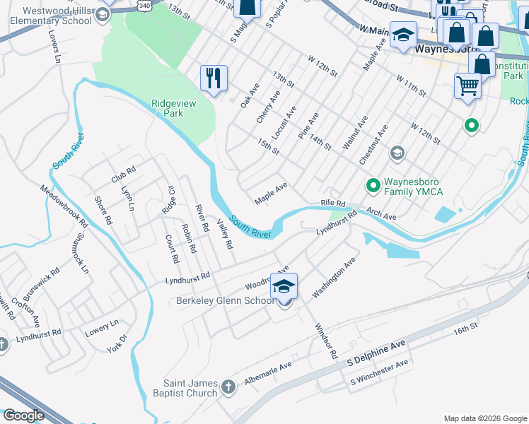 map of restaurants, bars, coffee shops, grocery stores, and more near 830 Maple Avenue in Waynesboro