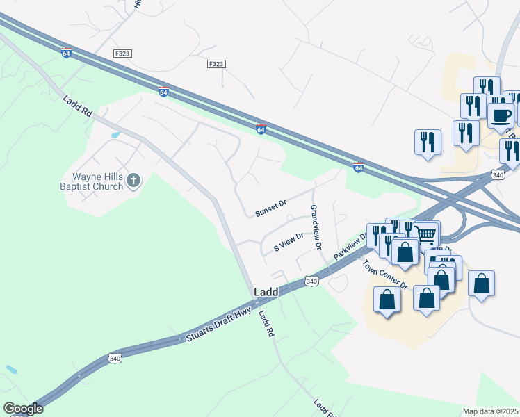 map of restaurants, bars, coffee shops, grocery stores, and more near 130 Sunset Drive in Waynesboro