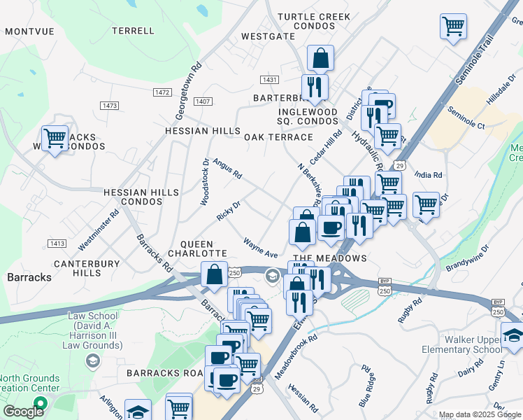 map of restaurants, bars, coffee shops, grocery stores, and more near 2304 Dellmead Lane in Charlottesville