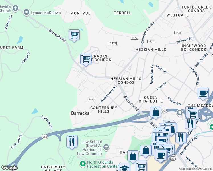 map of restaurants, bars, coffee shops, grocery stores, and more near 85 Georgetown Road in Charlottesville