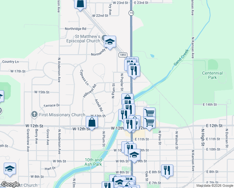 map of restaurants, bars, coffee shops, grocery stores, and more near 205 W 15th St in Newton