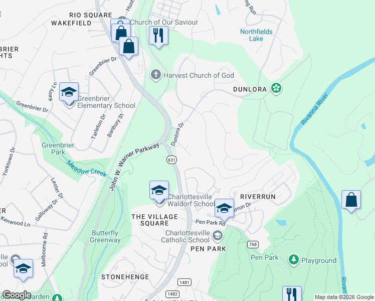 map of restaurants, bars, coffee shops, grocery stores, and more near 915 Rio Road East in Charlottesville