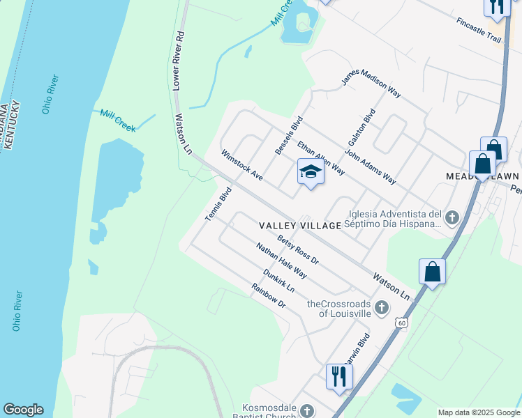 map of restaurants, bars, coffee shops, grocery stores, and more near 7302 Watson Lane in Louisville