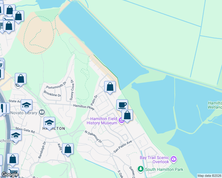 map of restaurants, bars, coffee shops, grocery stores, and more near 50 Pizarro Avenue in Novato