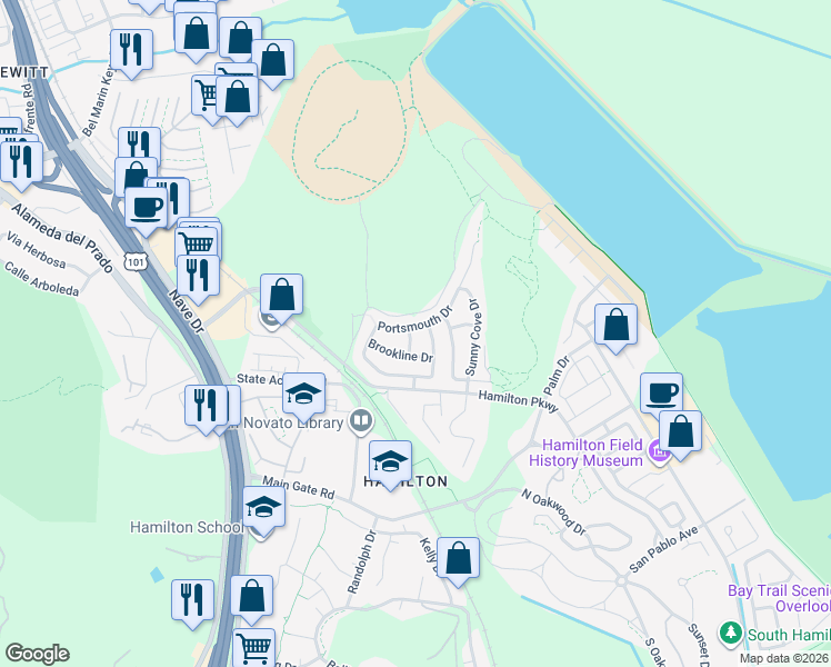 map of restaurants, bars, coffee shops, grocery stores, and more near 19 Portsmouth Drive in Novato