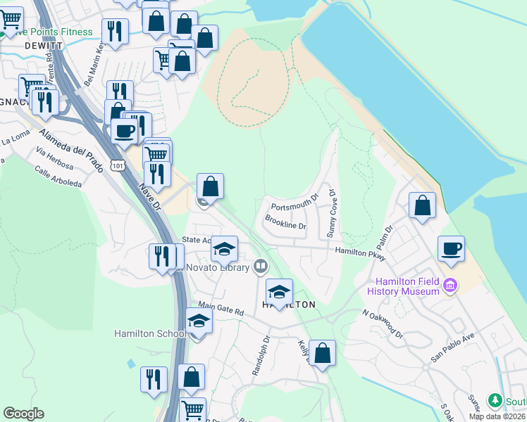 map of restaurants, bars, coffee shops, grocery stores, and more near 99 Newport Landing Drive in Novato