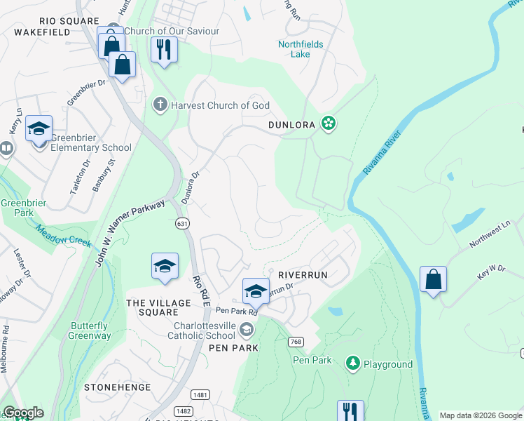 map of restaurants, bars, coffee shops, grocery stores, and more near 912 King William Drive in Charlottesville
