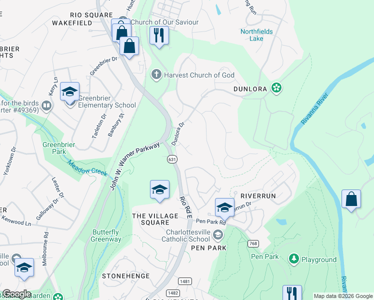map of restaurants, bars, coffee shops, grocery stores, and more near 915 Rio Road East in Charlottesville