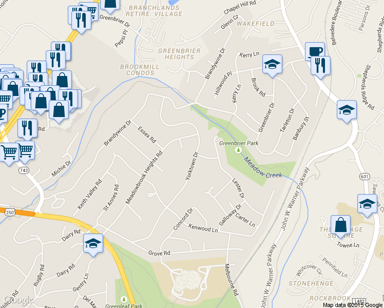 map of restaurants, bars, coffee shops, grocery stores, and more near 1729 Yorktown Drive in Charlottesville