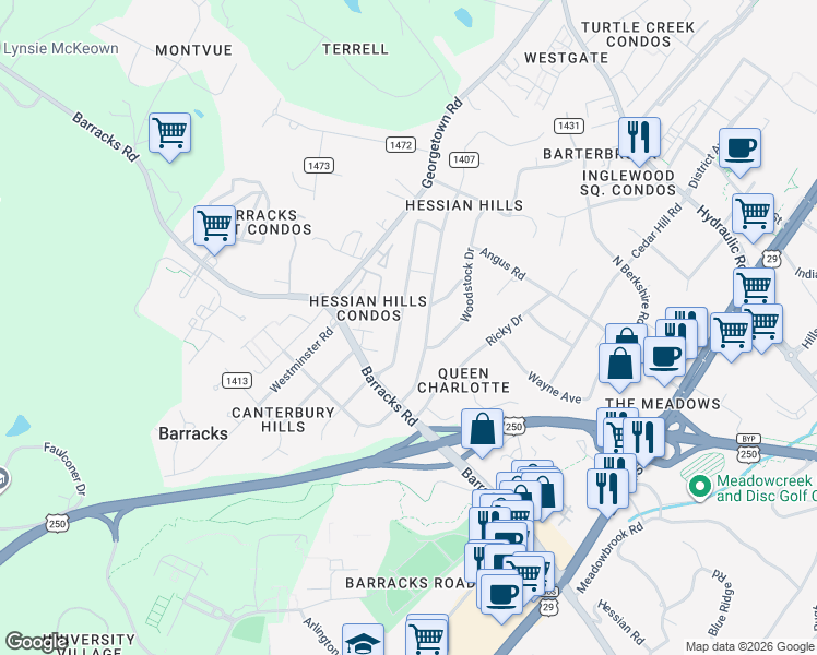 map of restaurants, bars, coffee shops, grocery stores, and more near 121 West Park Drive in Charlottesville
