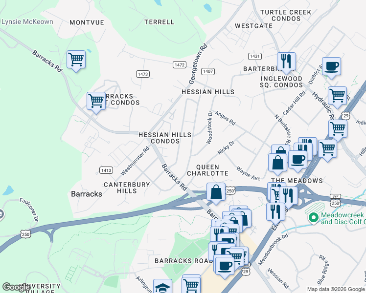 map of restaurants, bars, coffee shops, grocery stores, and more near 121 West Park Drive in Charlottesville