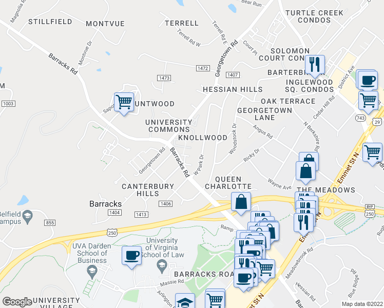 map of restaurants, bars, coffee shops, grocery stores, and more near in Albemarle County