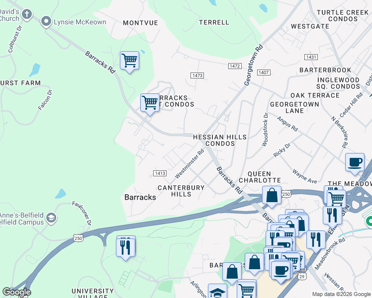 map of restaurants, bars, coffee shops, grocery stores, and more near 2508 Out of Bounds Road in Charlottesville