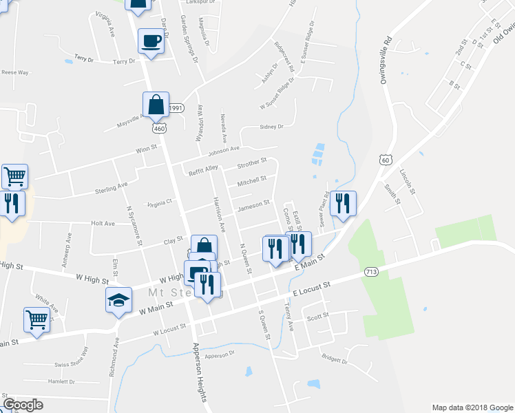 map of restaurants, bars, coffee shops, grocery stores, and more near 227 Jameson Street in Mount Sterling