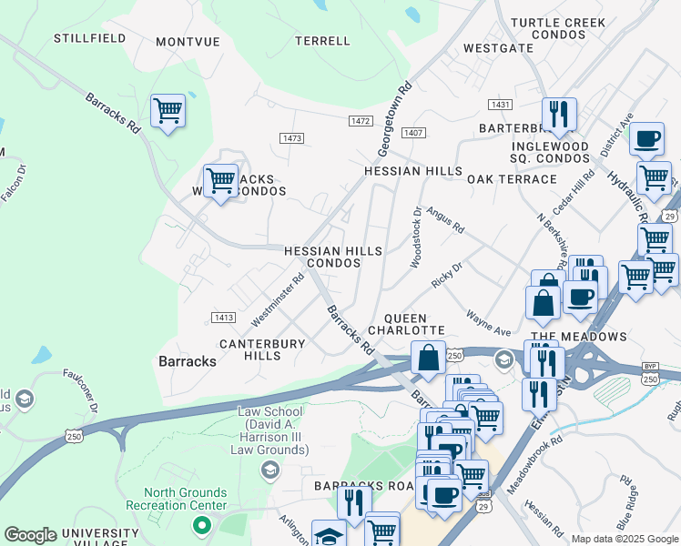 map of restaurants, bars, coffee shops, grocery stores, and more near 2416 Barracks Place in Charlottesville