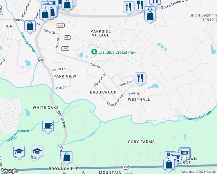 map of restaurants, bars, coffee shops, grocery stores, and more near 5549 Park Road in Crozet