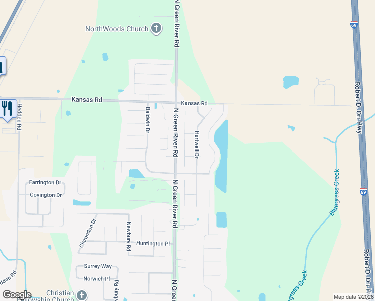 map of restaurants, bars, coffee shops, grocery stores, and more near 9121 Hedgewood Court in Evansville