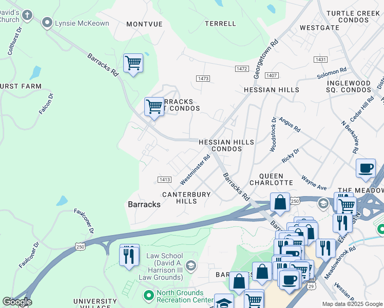 map of restaurants, bars, coffee shops, grocery stores, and more near 85 Georgetown Road in Charlottesville