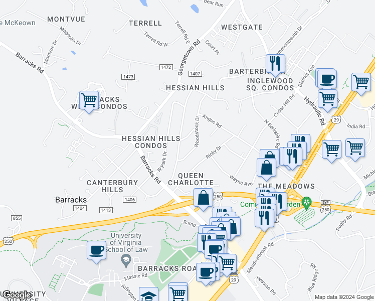 map of restaurants, bars, coffee shops, grocery stores, and more near 105 Woodstock Drive in Charlottesville