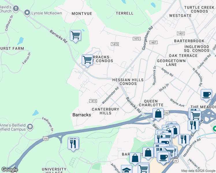 map of restaurants, bars, coffee shops, grocery stores, and more near 2508 Out of Bounds Road in Charlottesville
