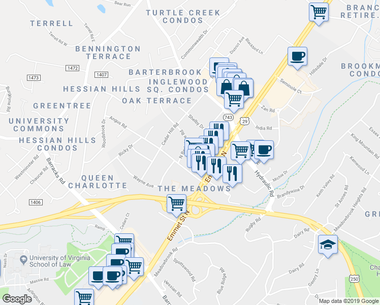 map of restaurants, bars, coffee shops, grocery stores, and more near 2204 North Berkshire Road in Charlottesville