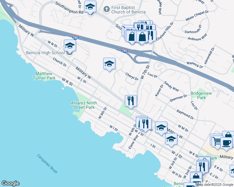map of restaurants, bars, coffee shops, grocery stores, and more near 71 Carolina Drive in Benicia