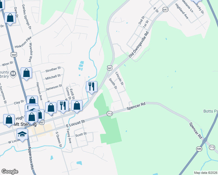 map of restaurants, bars, coffee shops, grocery stores, and more near 13 Douglas Street in Mount Sterling