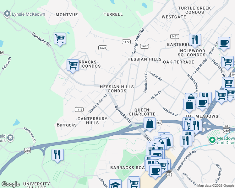 map of restaurants, bars, coffee shops, grocery stores, and more near 2418 Barracks Place in Charlottesville