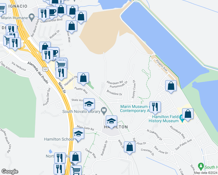 map of restaurants, bars, coffee shops, grocery stores, and more near 96 Newport Landing Drive in Novato