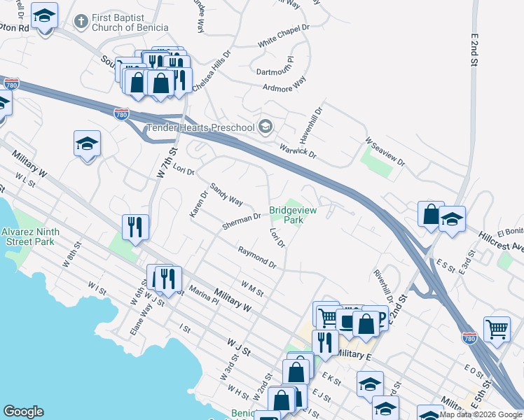 map of restaurants, bars, coffee shops, grocery stores, and more near 457 Sandy Way in Benicia
