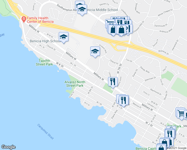 map of restaurants, bars, coffee shops, grocery stores, and more near 841 West L Street in Benicia
