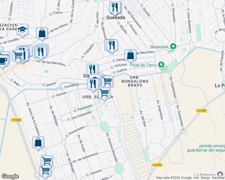 map of restaurants, bars, coffee shops, grocery stores, and more near 21 Calle Conjunto Luz in Ciudad Quesada
