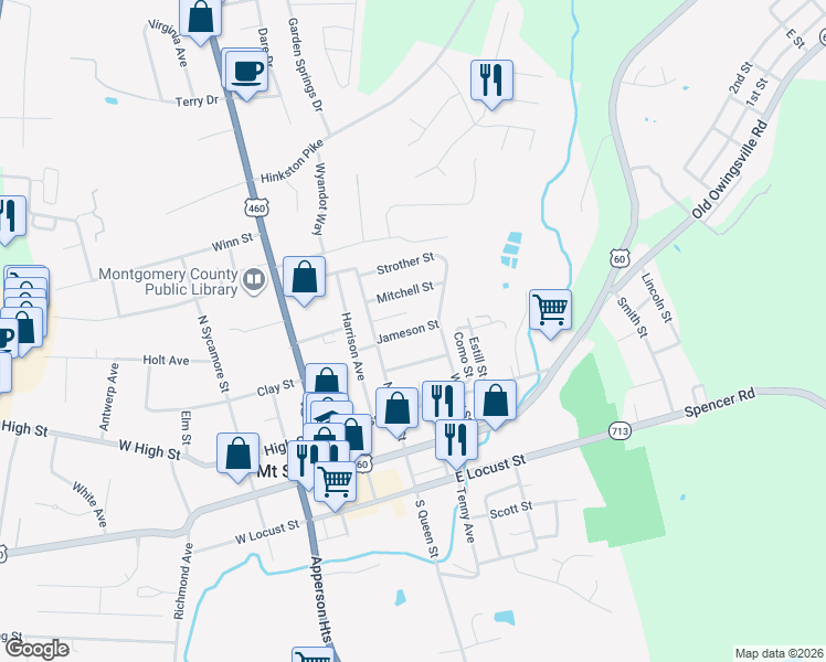 map of restaurants, bars, coffee shops, grocery stores, and more near 227 Jameson Street in Mount Sterling
