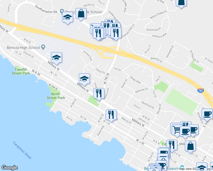 map of restaurants, bars, coffee shops, grocery stores, and more near 25 Buena Vista in Benicia