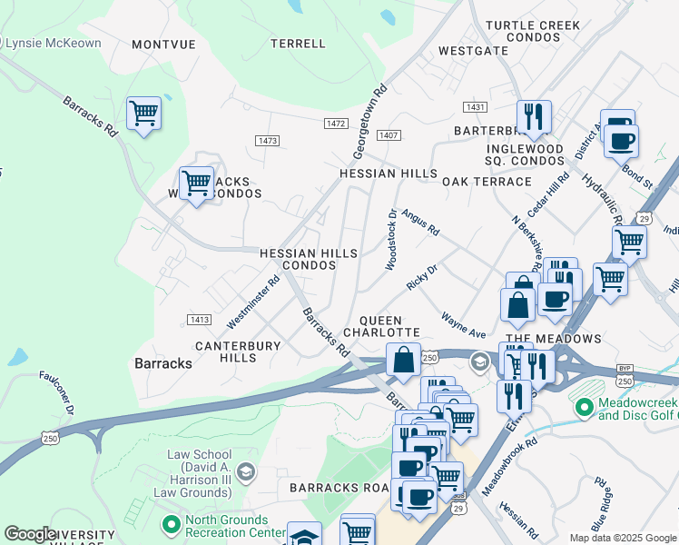 map of restaurants, bars, coffee shops, grocery stores, and more near 120 West Park Drive in Charlottesville