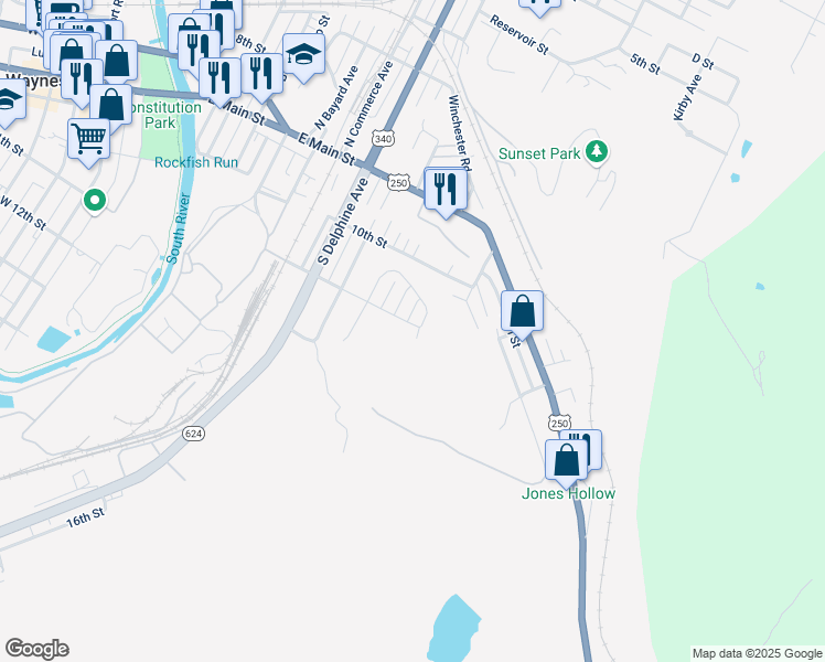 map of restaurants, bars, coffee shops, grocery stores, and more near 1112 11th Street in Waynesboro
