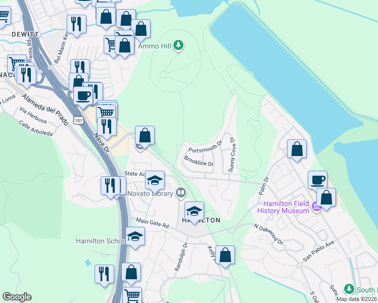 map of restaurants, bars, coffee shops, grocery stores, and more near 19 Portsmouth Drive in Novato