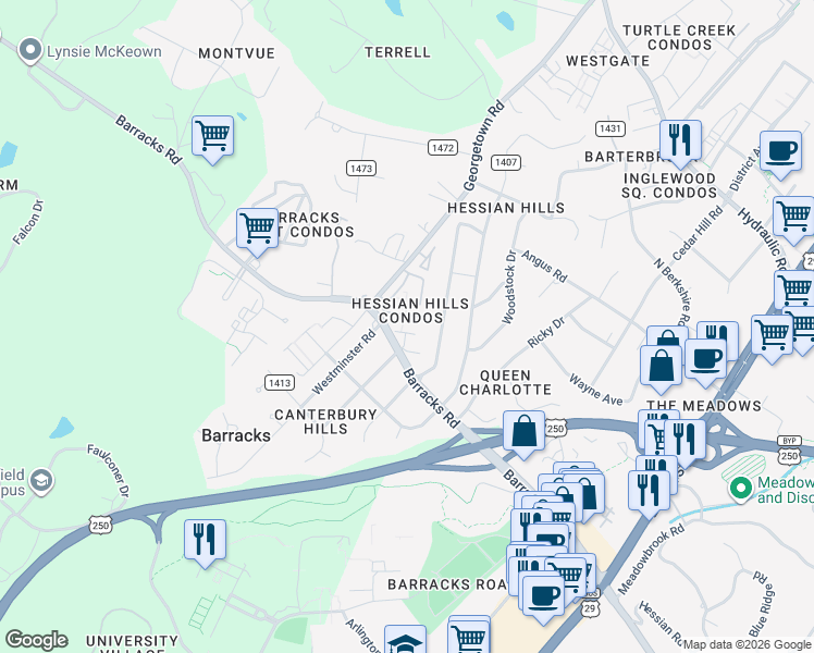 map of restaurants, bars, coffee shops, grocery stores, and more near in Albemarle County