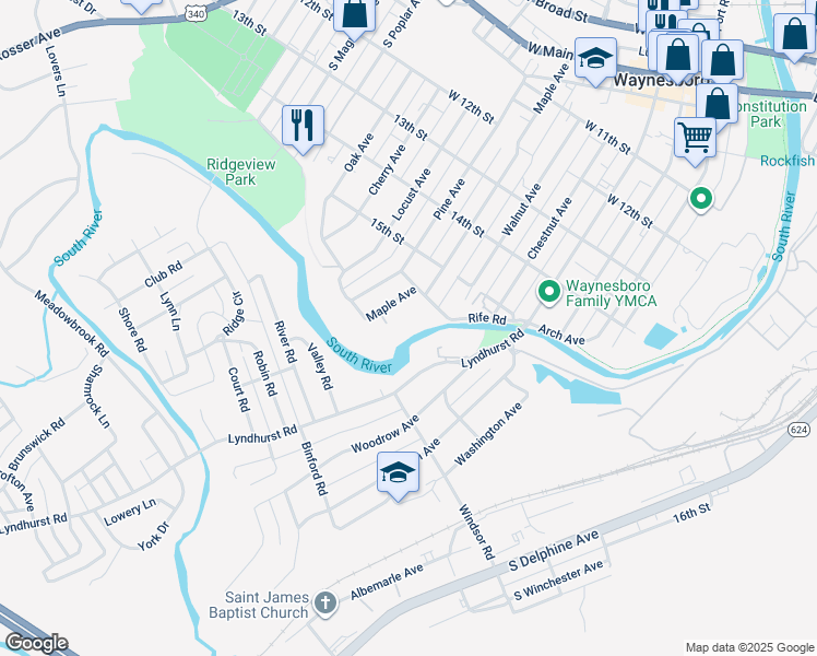 map of restaurants, bars, coffee shops, grocery stores, and more near 830 Maple Avenue in Waynesboro