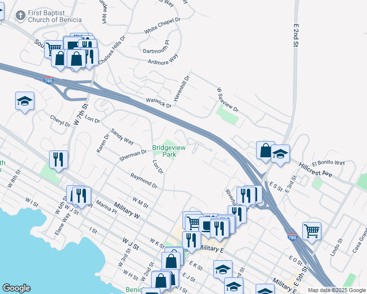 map of restaurants, bars, coffee shops, grocery stores, and more near 1895 Shirley Drive in Benicia