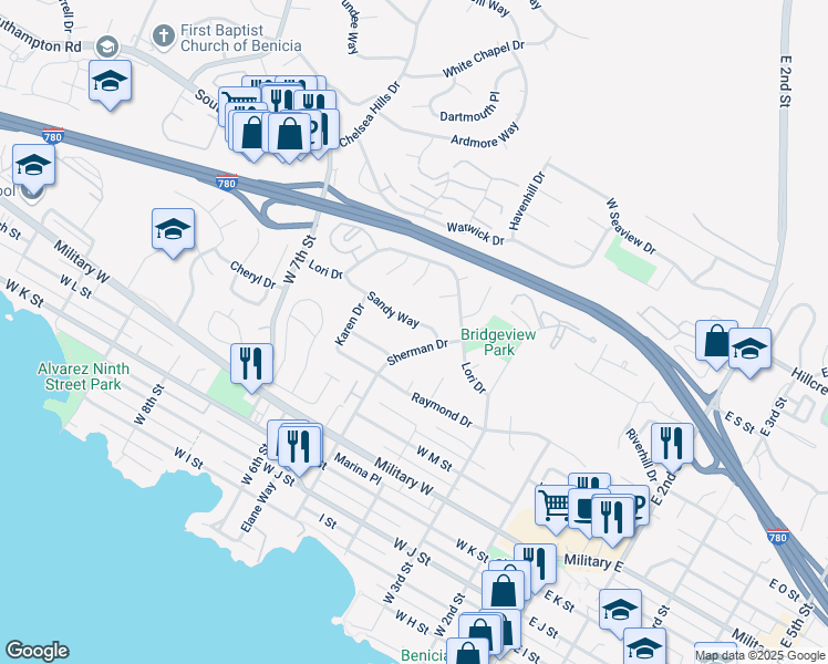 map of restaurants, bars, coffee shops, grocery stores, and more near 512 Sandy Way in Benicia