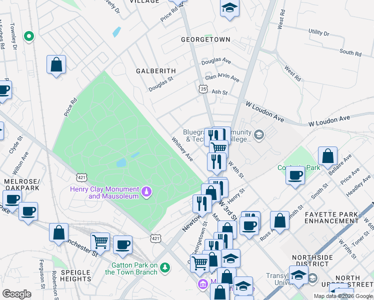 map of restaurants, bars, coffee shops, grocery stores, and more near 807 Whitney Avenue in Lexington